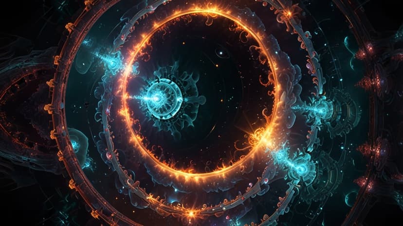 Radiant orange and cyan fractal rings float in space with energy beams against a dark star-filled background.