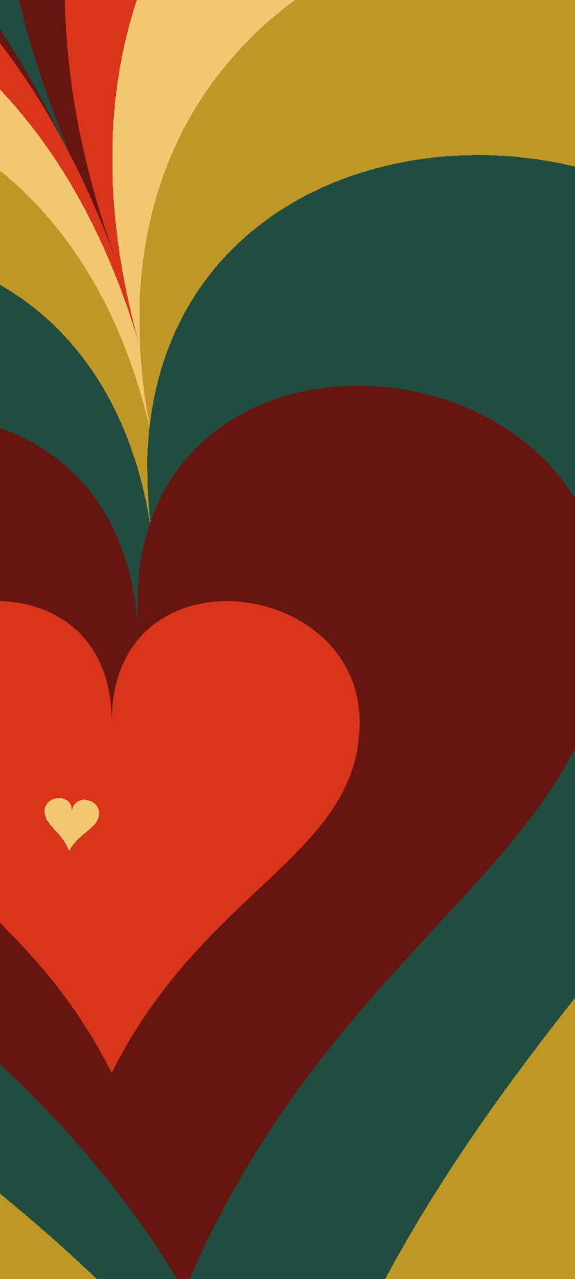 Layered heart shapes in red, orange, and teal flow in a rhythmic retro pattern with curved, organic lines.