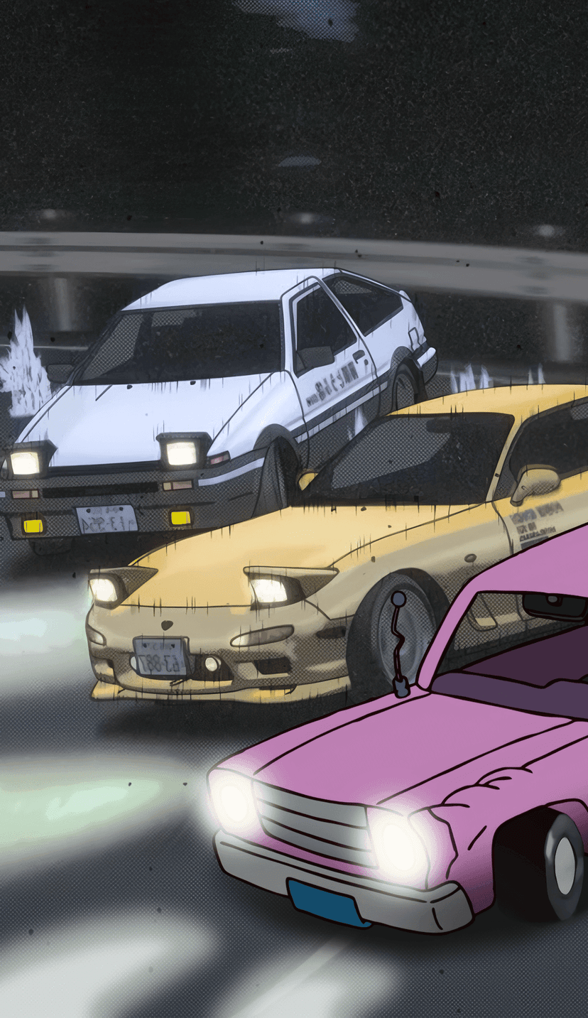 Toyota AE86, Mazda RX-7, and Nissan Silvia drift on a wet mountain road at night with glowing yellow headlights.