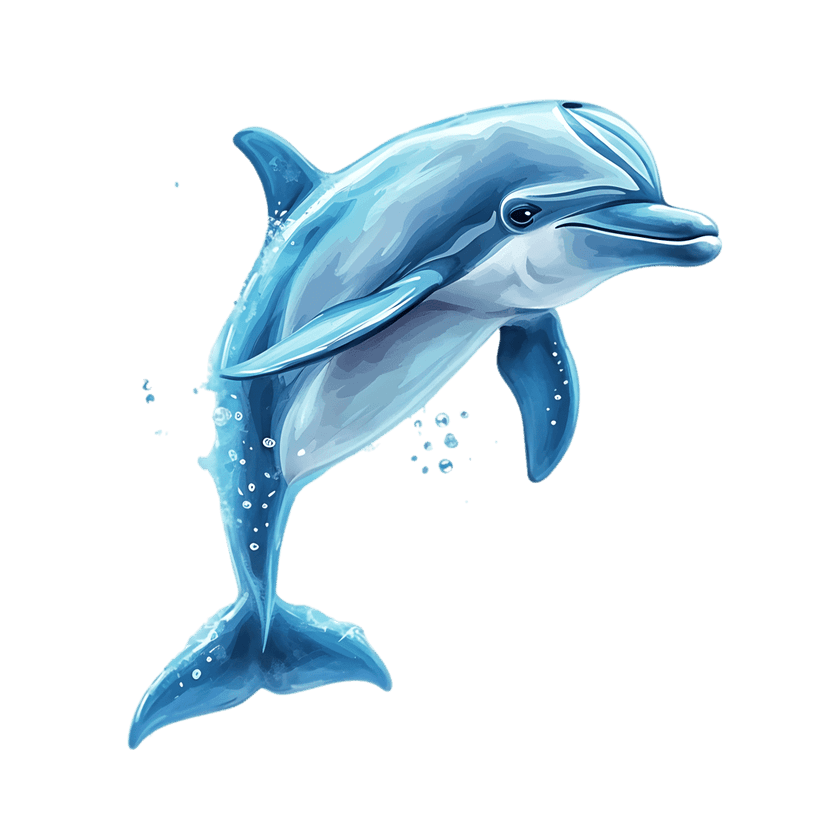 Blue dolphin leaps from water with shimmering splashes and bubbles against a solid background in digital style.