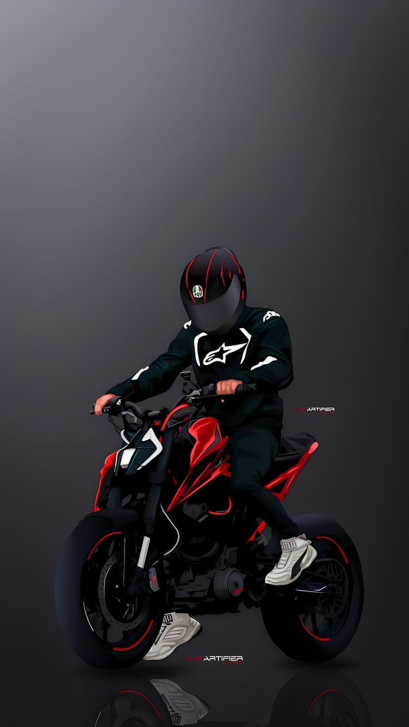 Motorcyclist in red and black gear sits on a sleek sportbike against a dark gray gradient background with white sneakers.