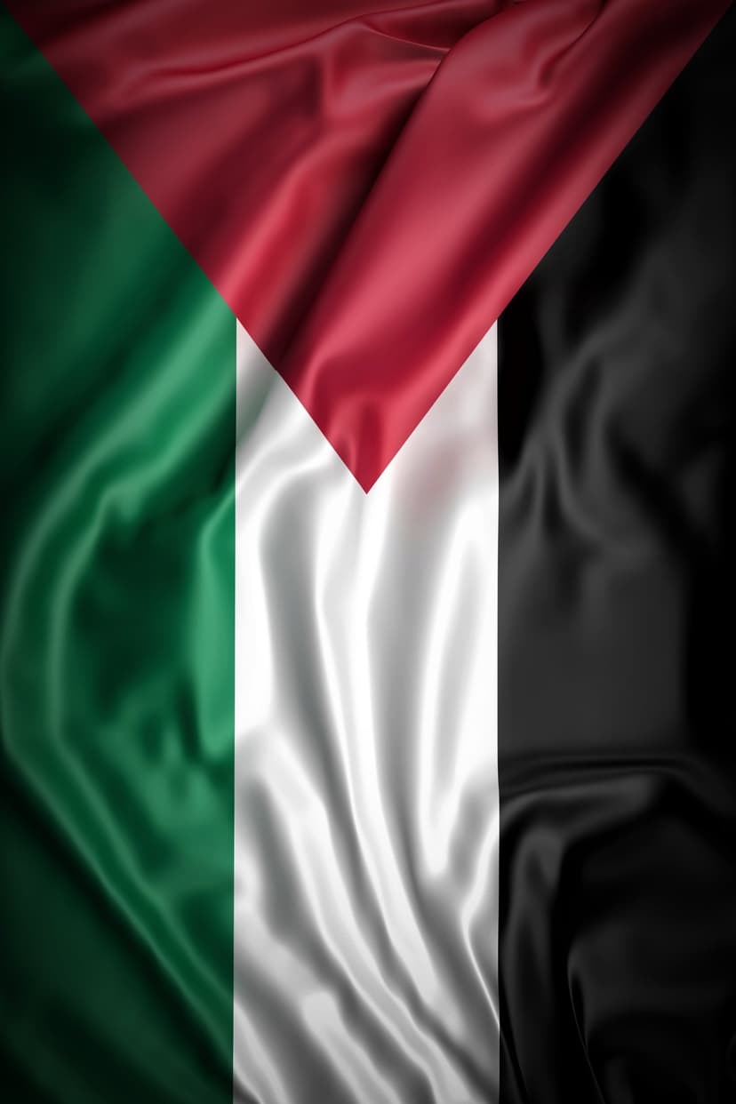 Palestinian flag ripples with visible fabric texture and folds, showcasing green, white, black, and red colors.