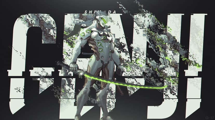 Genji Shimada stands in white robotic armor holding a glowing green katana against a glitchy text background.