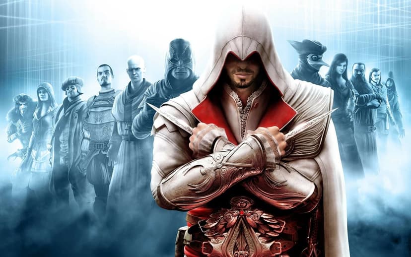 Ezio Auditore crosses hidden blades in white robes with a lineup of shadowy figures on a blue digital background.