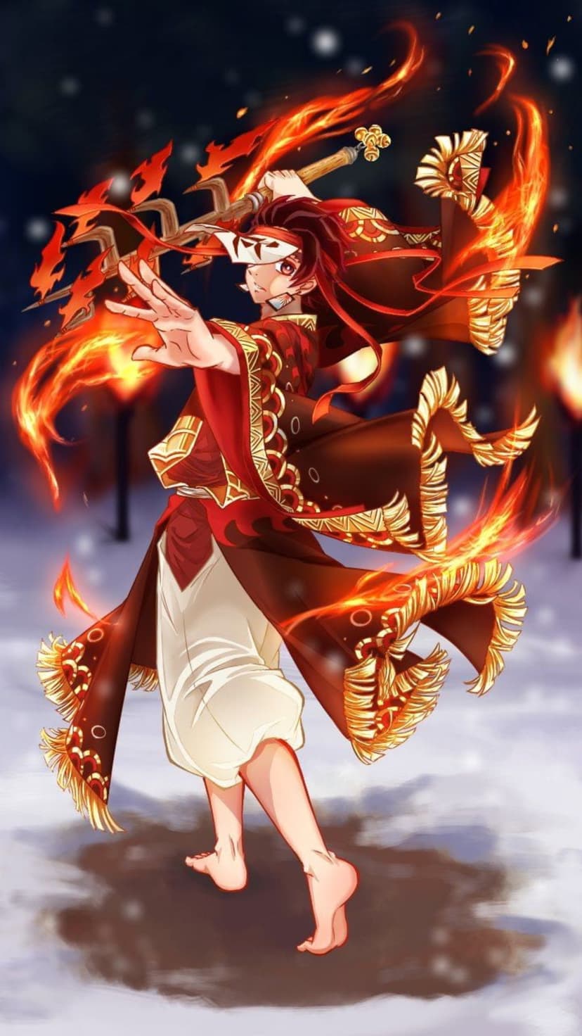 Red-haired warrior in a gold-trimmed kimono swings a flaming sword against a snowy winter background at night.