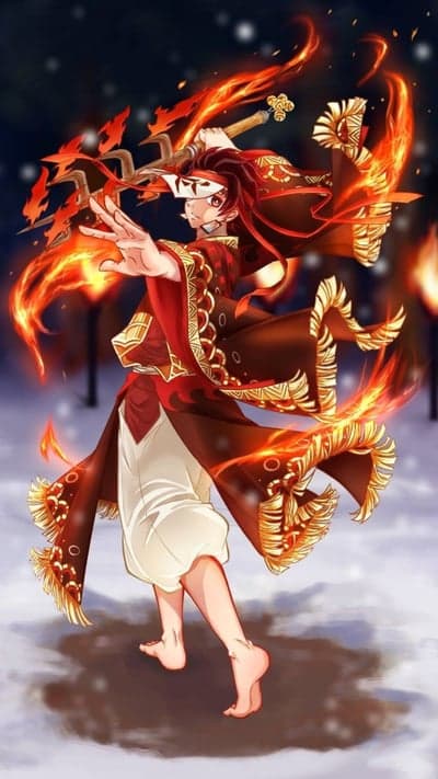 Anime character with fire powers, red and gold attire