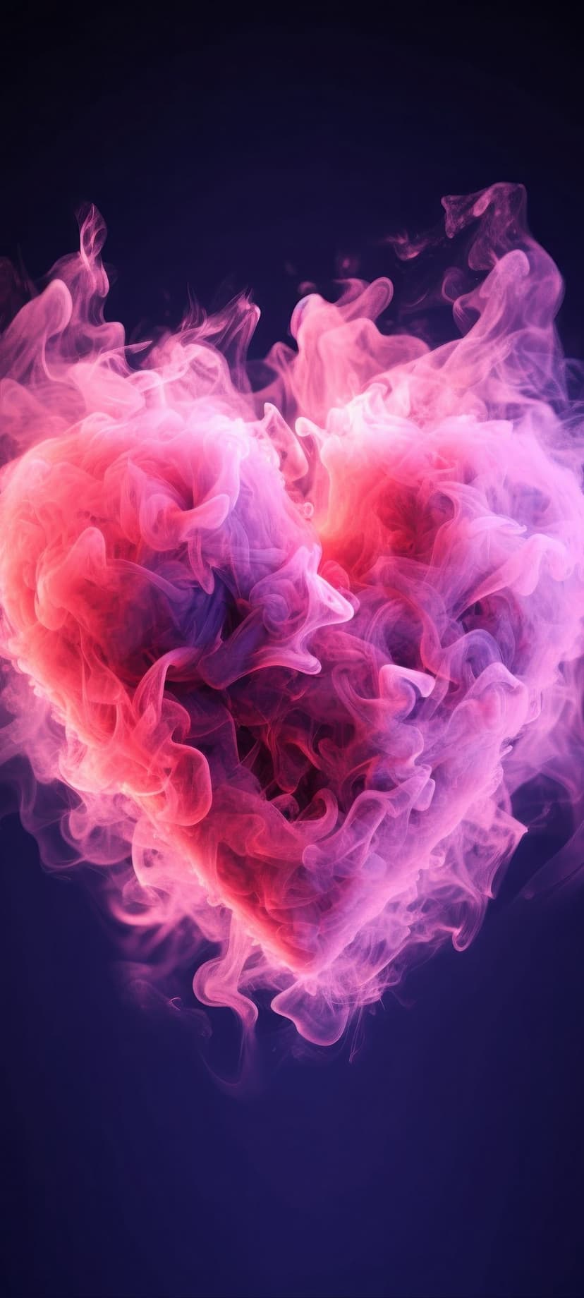 Swirling pink and purple smoke forms a heart shape against a dark blue background with glowing ethereal textures.
