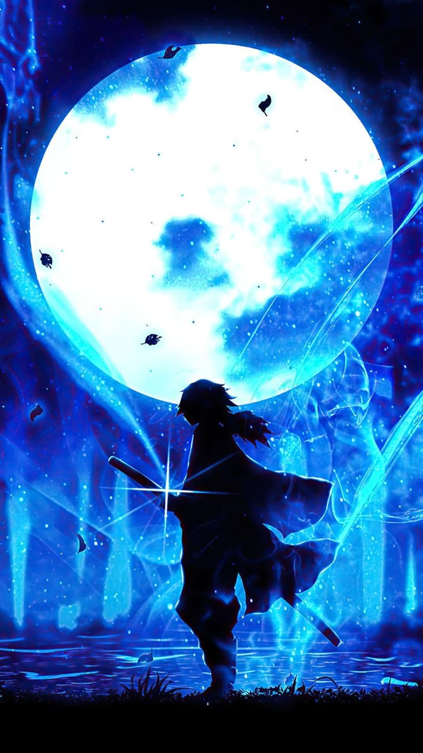 Warrior in silhouette holding a sword before a giant glowing blue moon with floating particles and energy wisps.