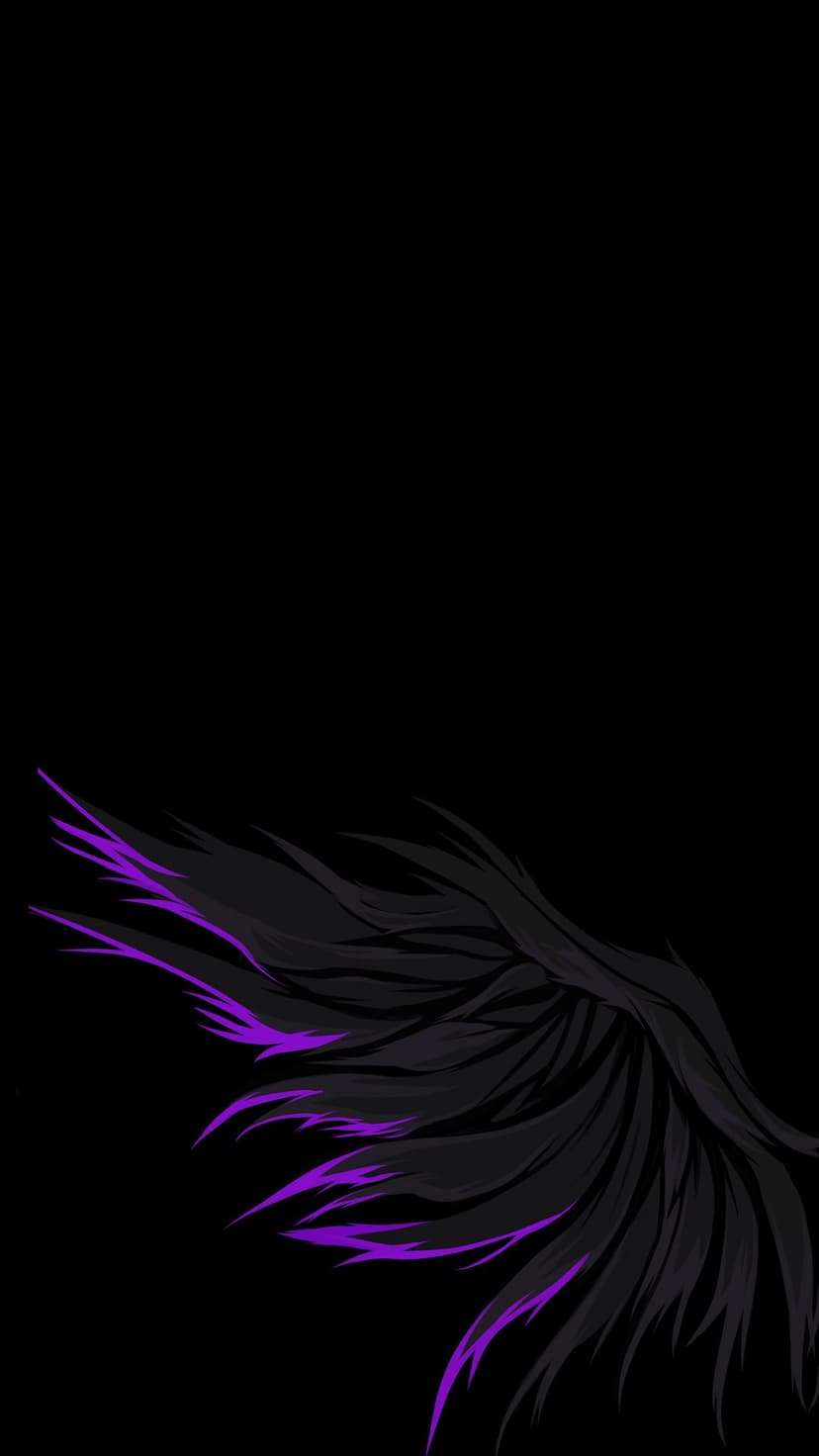 Feathered black wing with glowing purple highlights centered on a solid dark background for a sleek vertical screen.