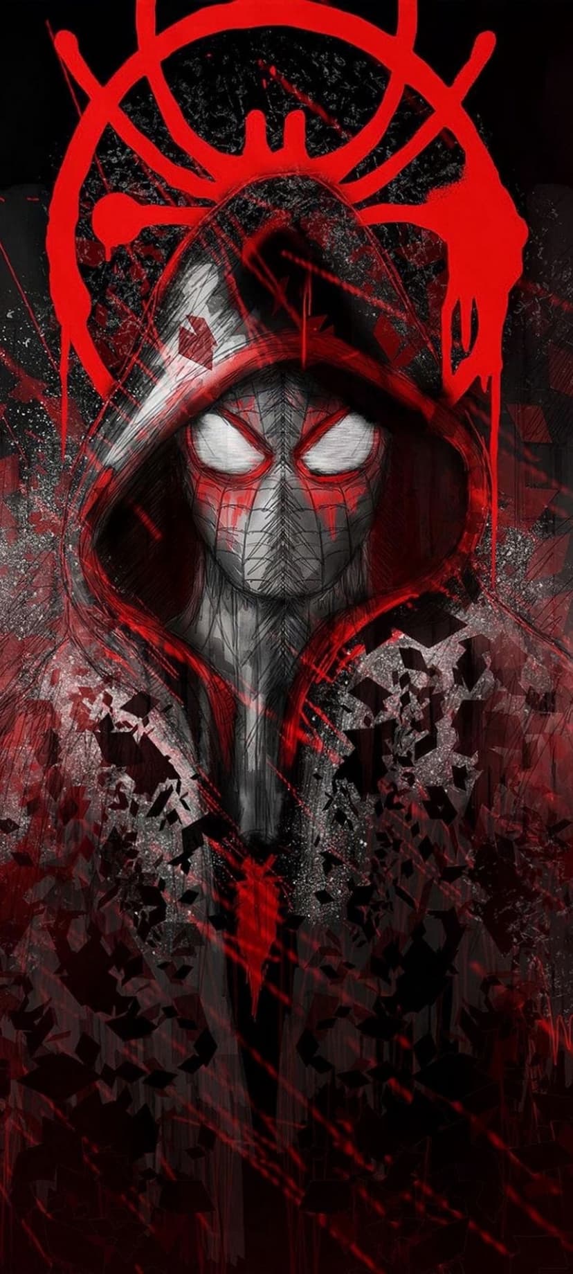 Miles Morales wears a hooded red and black suit with luminous eyes amidst dark ink splatters and gritty textures.