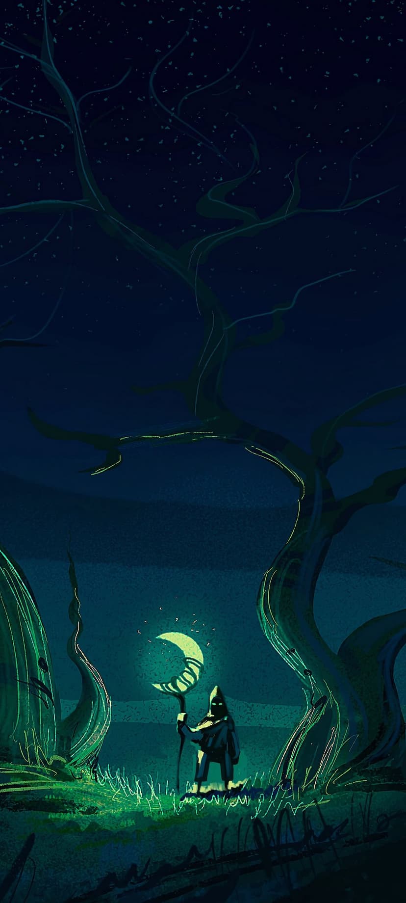 Hooded traveler with a glowing crescent staff stands in a bioluminescent forest under a starry midnight sky.