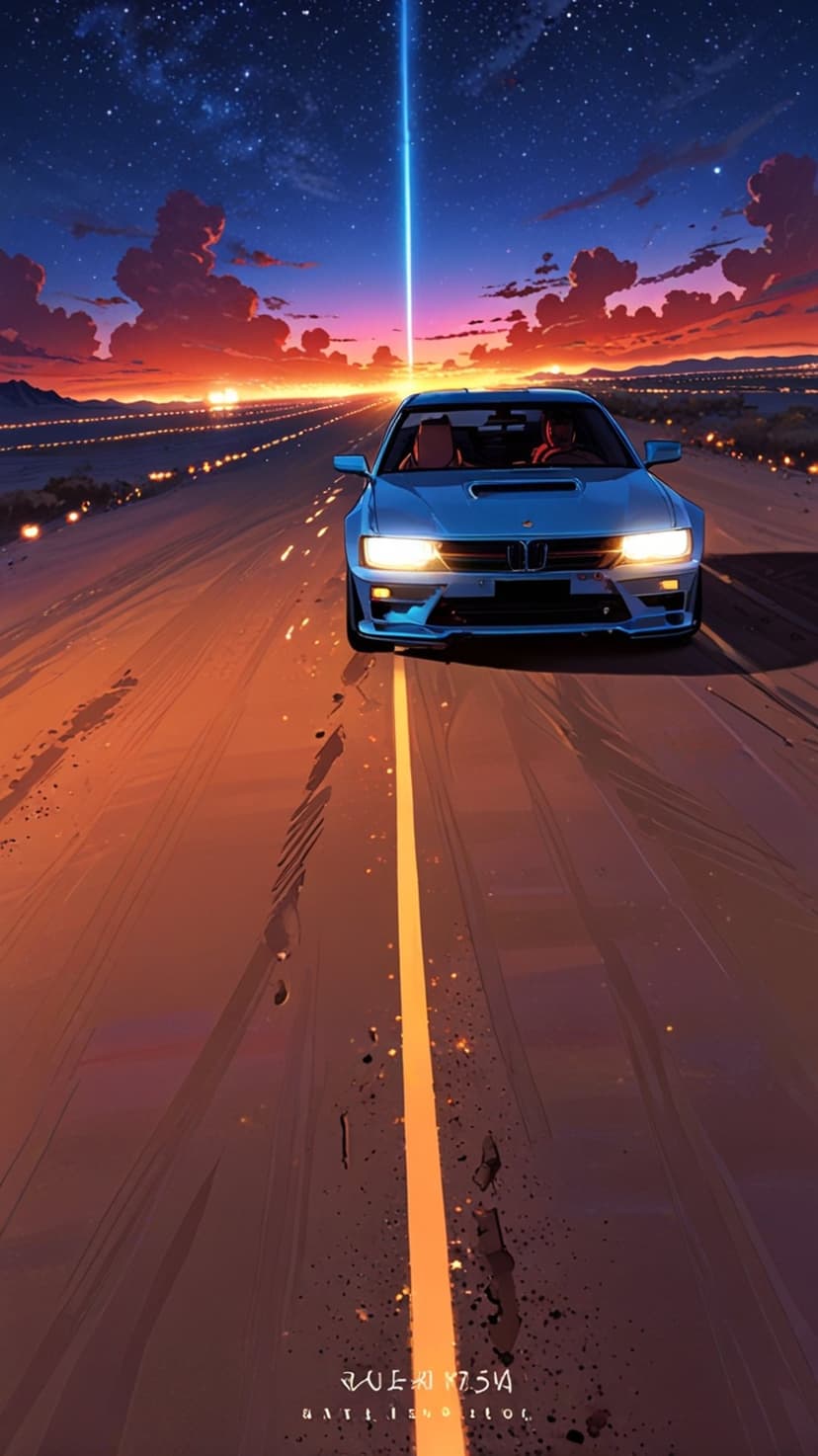 Blue sports car driving on a highway toward a vertical neon beam under a starry sunset sky with orange clouds.