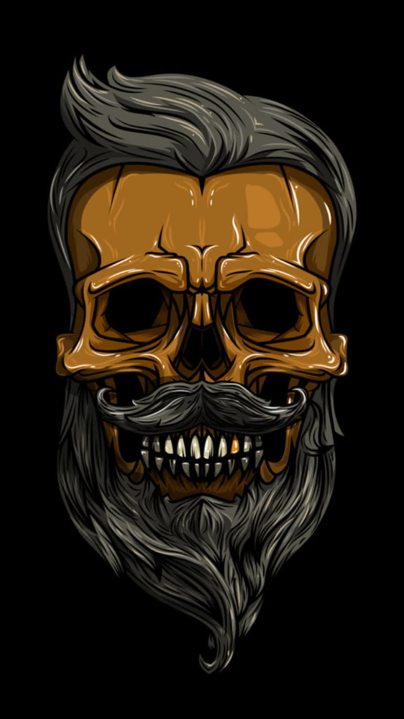 Golden-brown skull with a thick gray beard and mustache, featuring deep empty sockets and sharp bone textures.