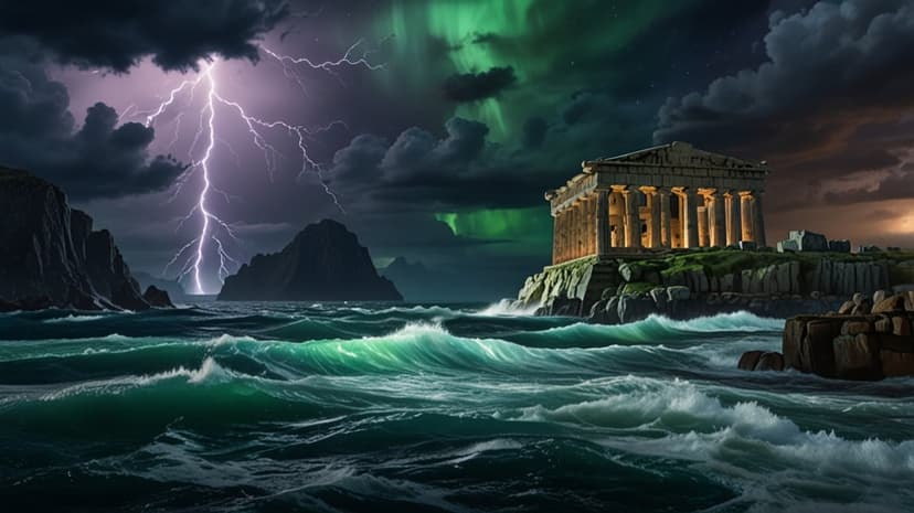 Ancient temple on a cliff with green aurora borealis and a lightning bolt over crashing ocean waves.