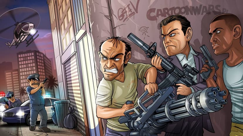 Cartoon Trevor, Michael, and Franklin hide behind a wall with heavy weapons while police engage in an urban shootout.