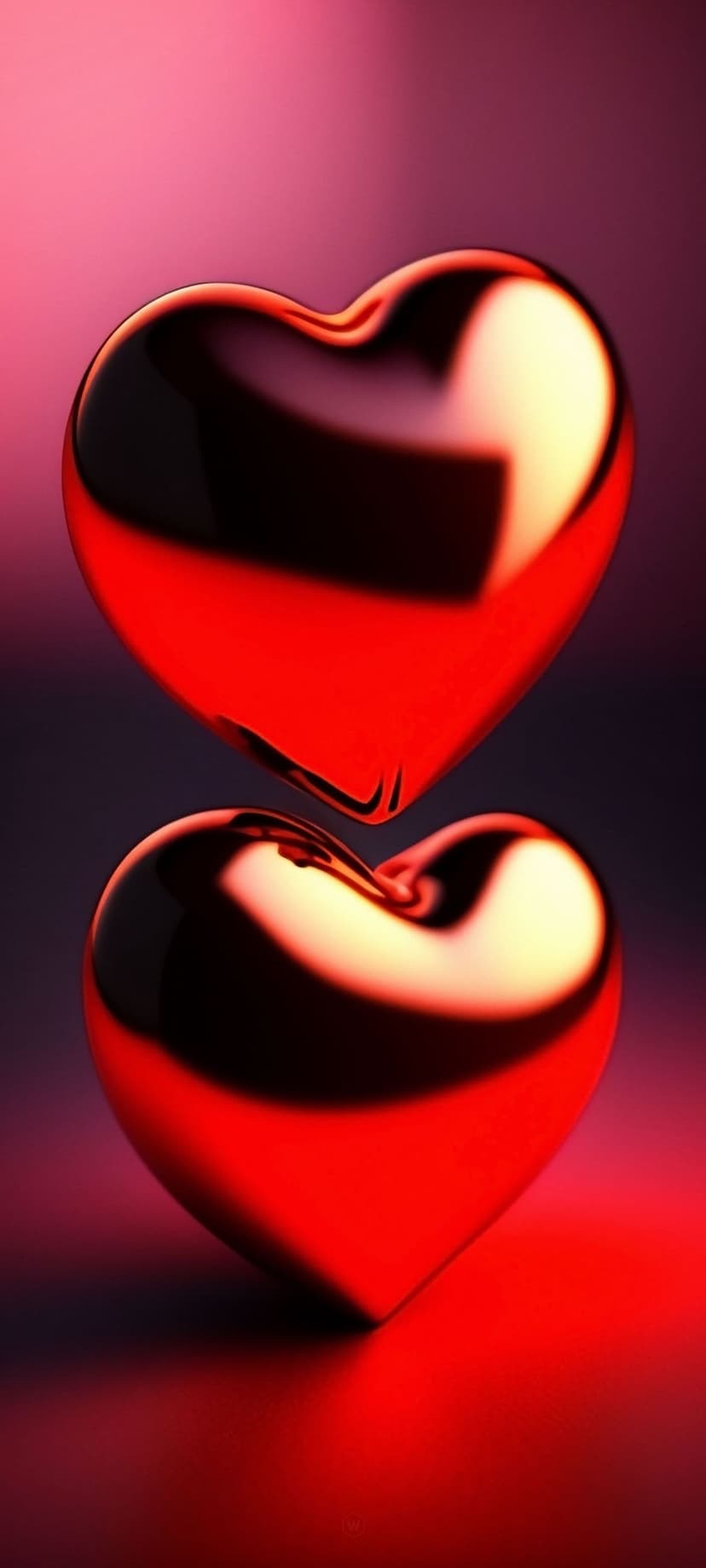 Two polished red hearts stacked vertically against a soft pink and purple gradient background with 3D shadows.
