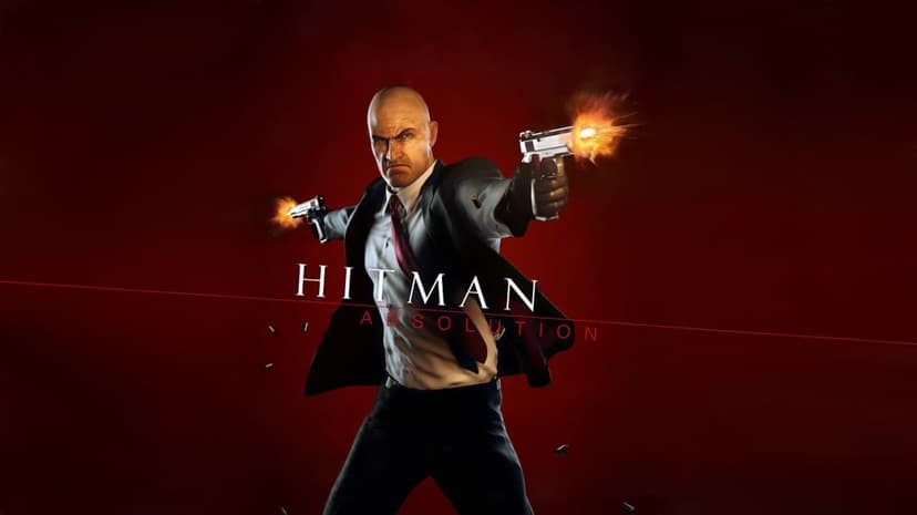 Agent 47 firing dual silver pistols with muzzle flashes against a dark red smoky background in Hitman Absolution.