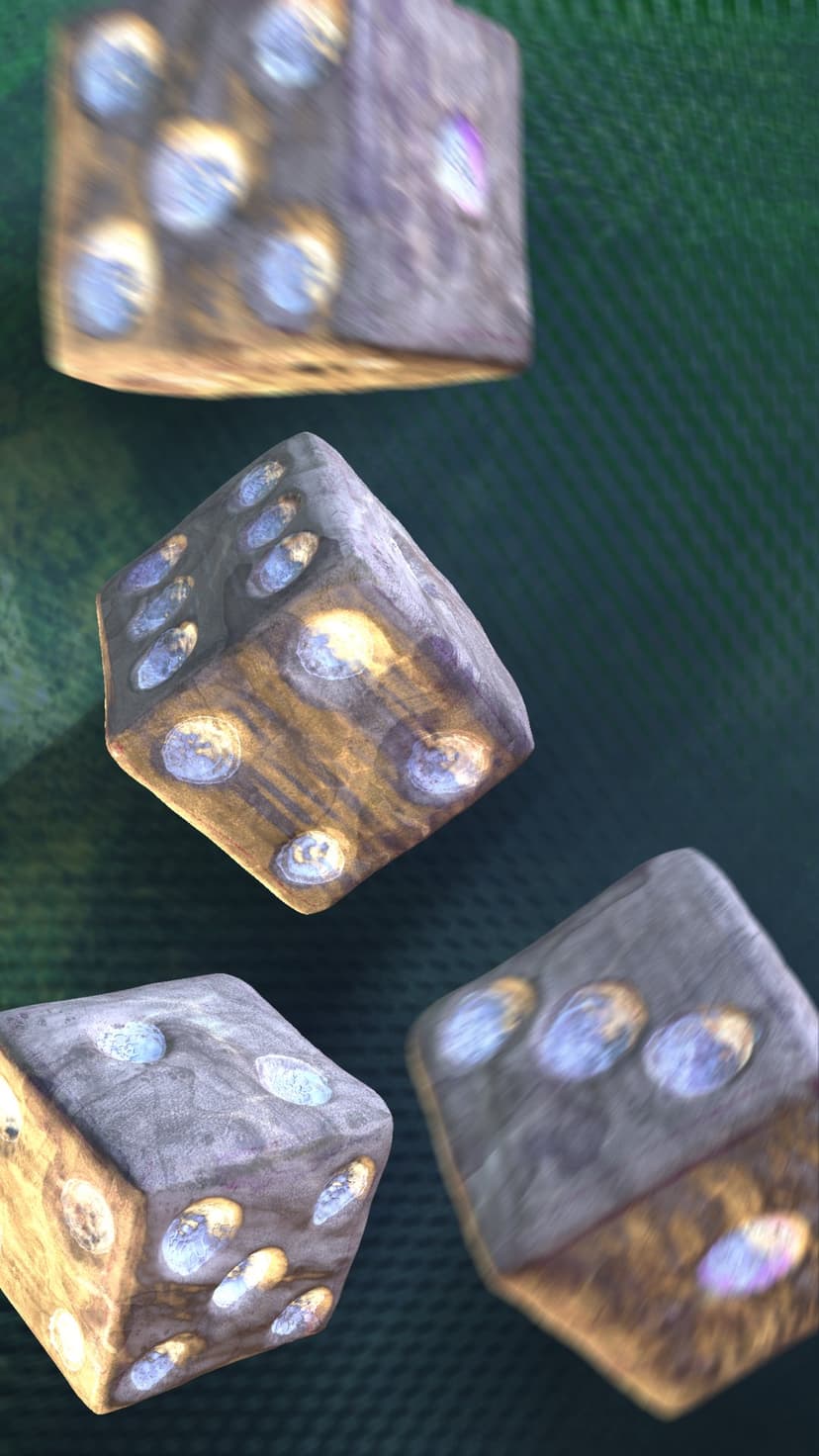 Four wooden dice with glowing pips fall through the air above a vibrant green felt surface in close-up.