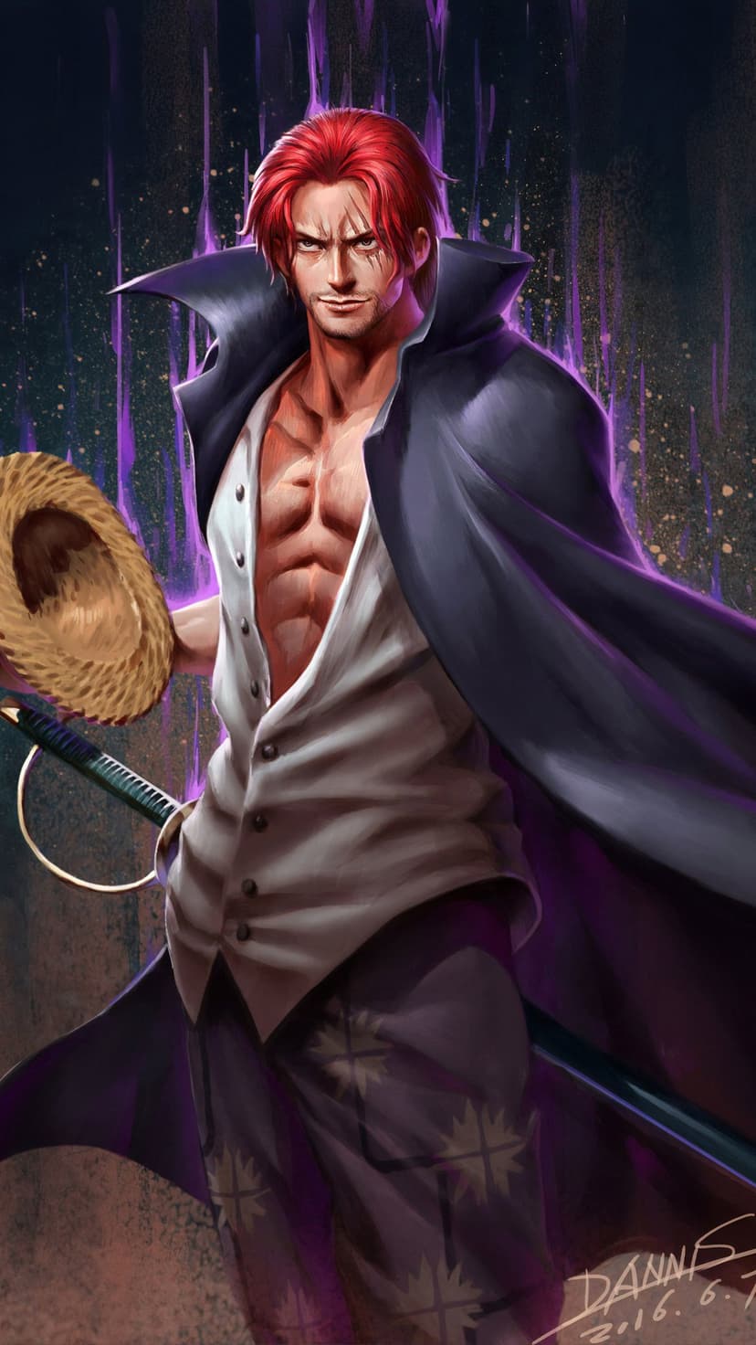 Red-haired pirate with facial scars stands in a purple aura holding a straw hat and sword against a dark background.