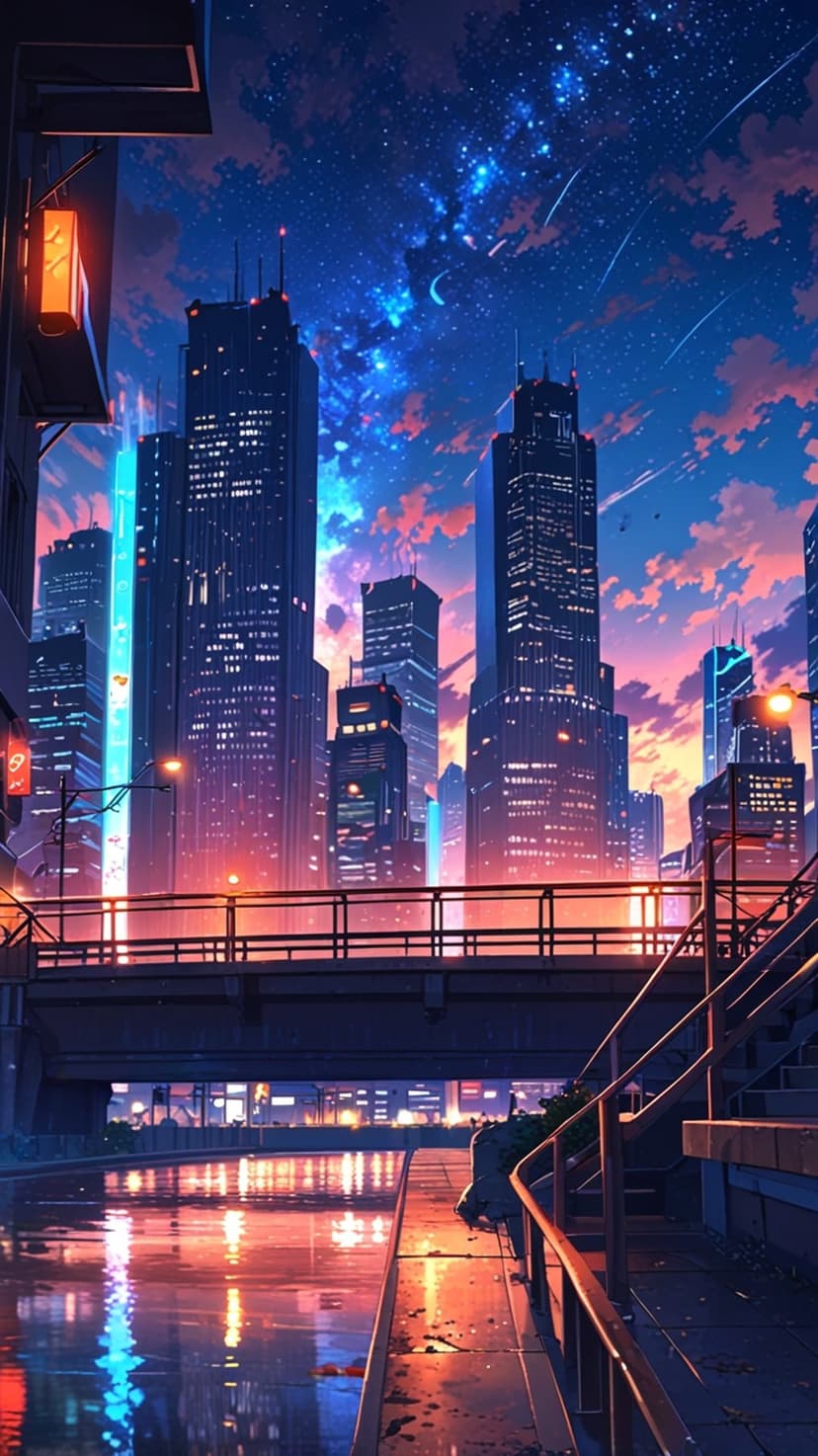 Glowing skyscrapers and a bridge reflect in city water beneath a starry night sky with bright light streaks.