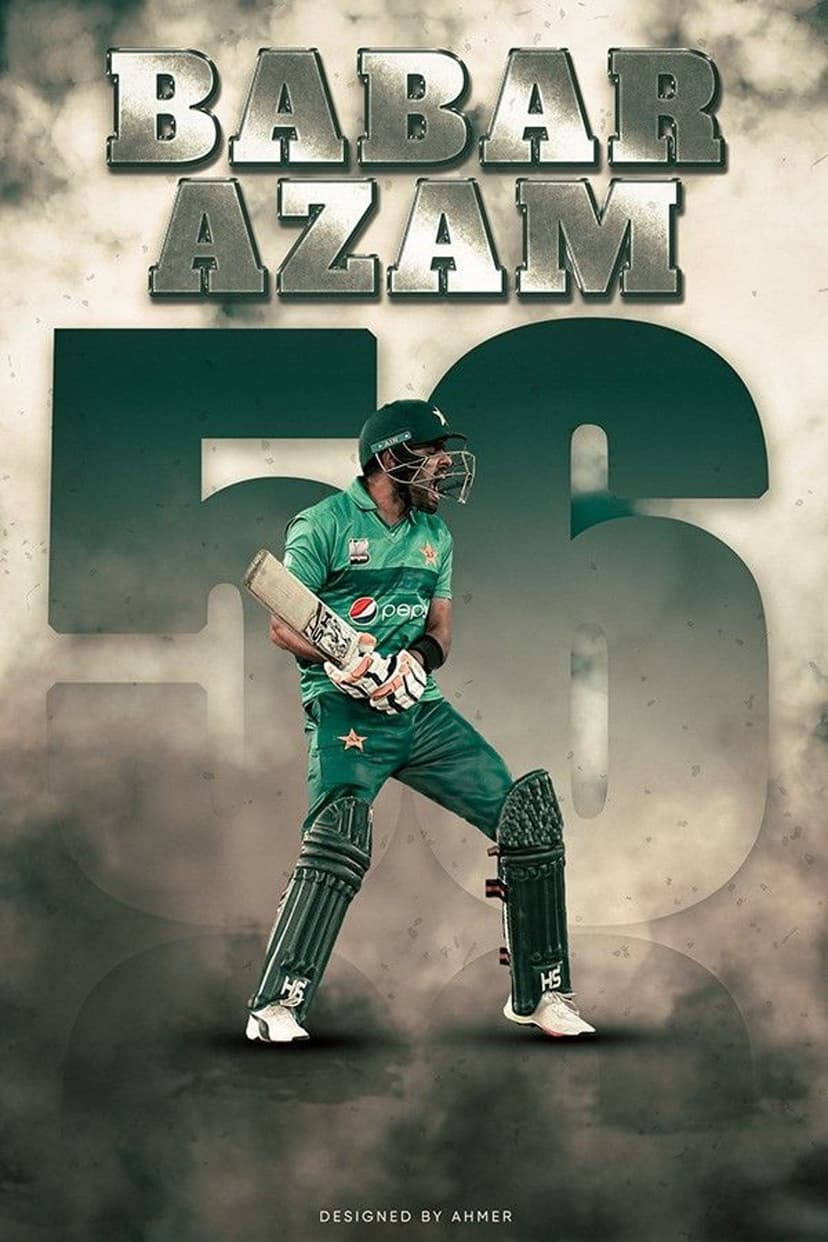 Babar Azam in a green cricket kit holds a bat against a smoky background with metallic typography and number 56.