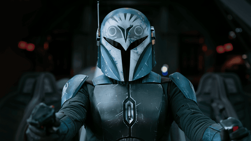 Mandalorian warrior in metallic beskar armor stands against a cinematic dark background with amber side lighting.