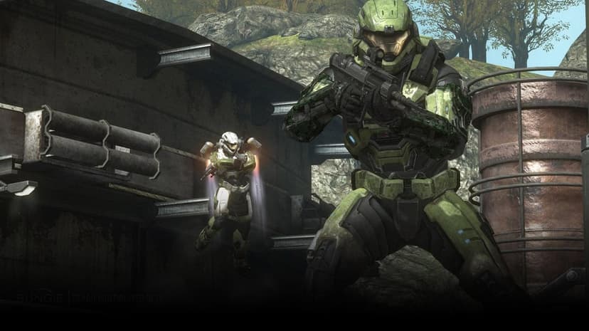 Green-armored Spartan holds a rifle in the foreground with a jetpack-using soldier flying in an industrial zone.