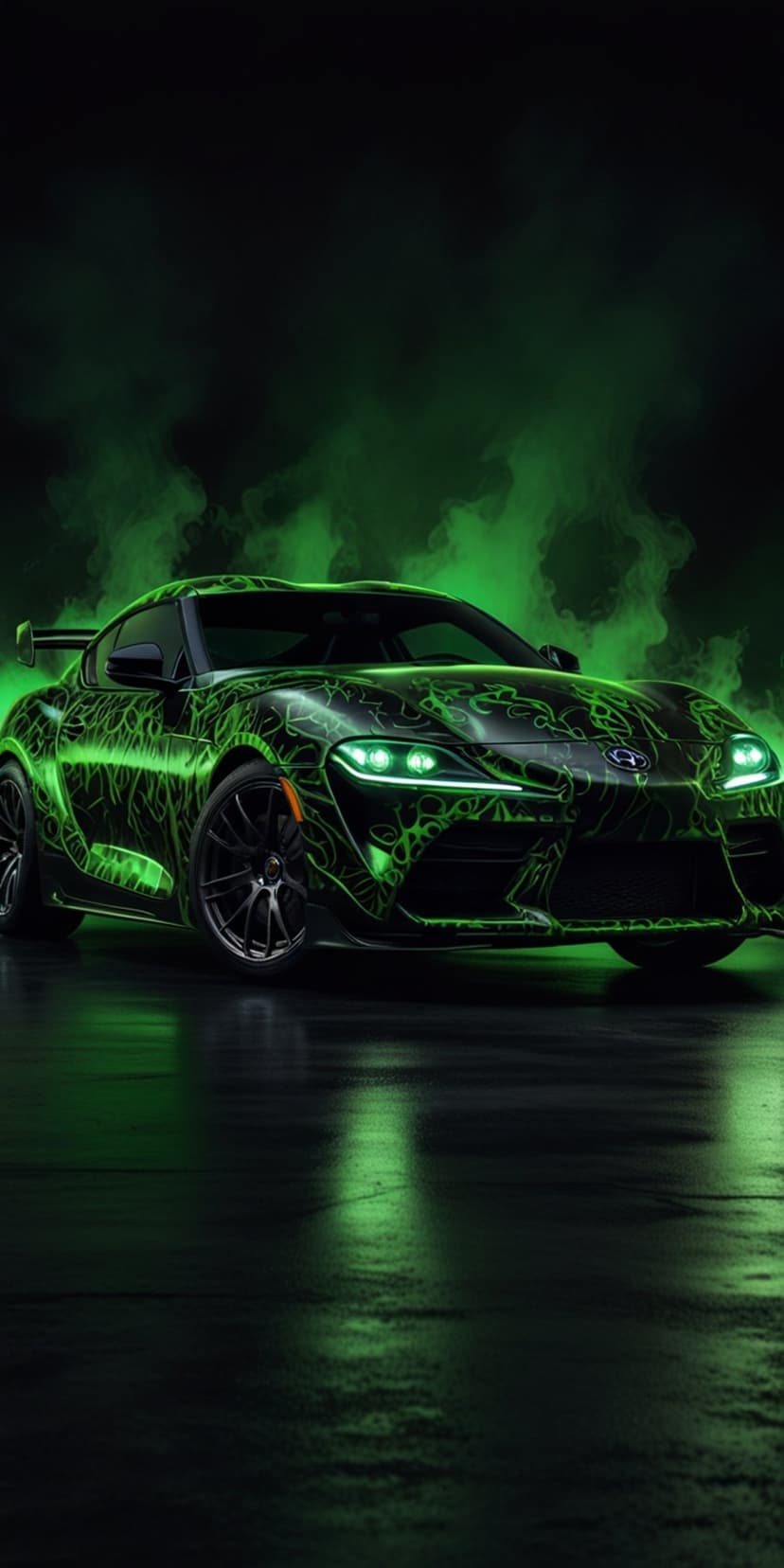 Toyota Supra sports car with neon green graphics and glowing headlights parked in thick emerald green smoke clouds.