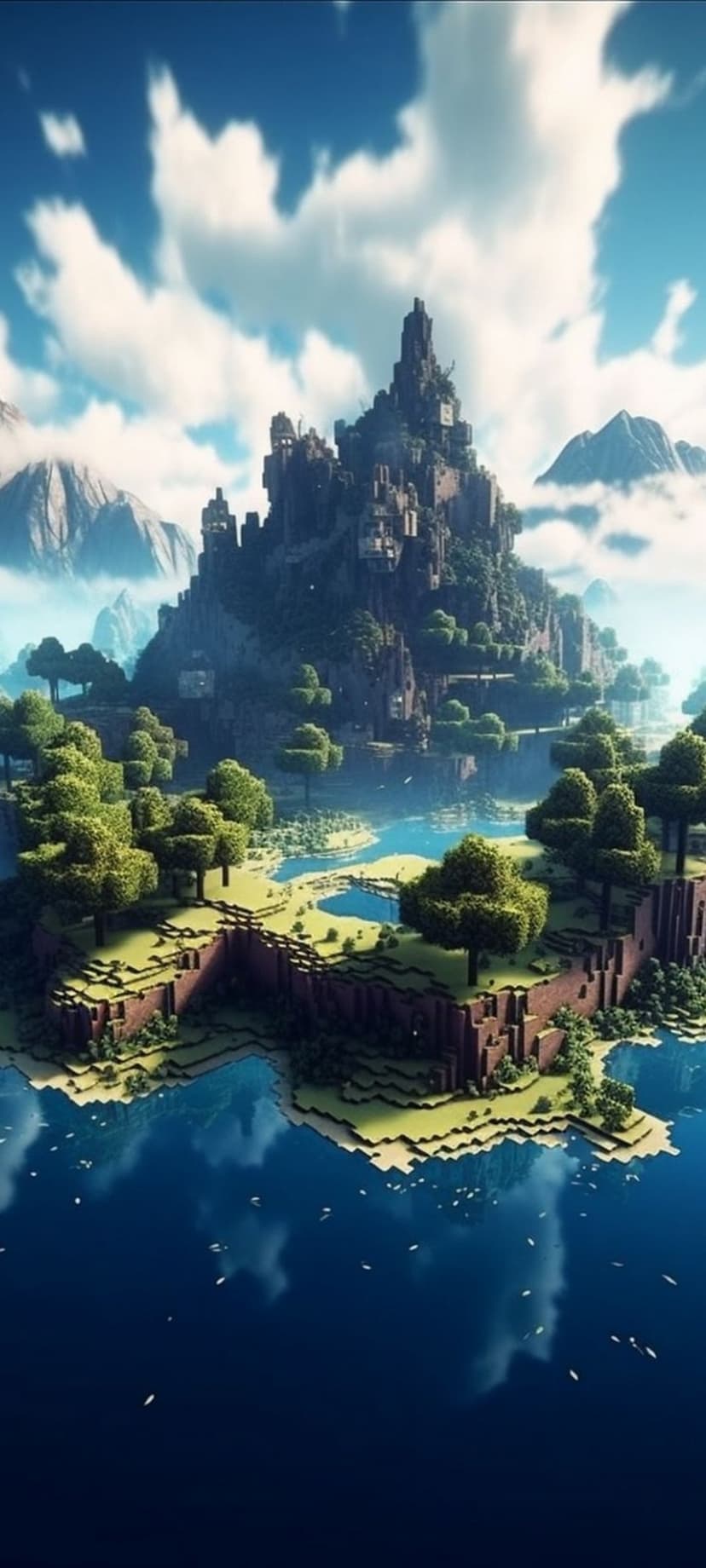 Blocky medieval castle perched on a rocky island surrounded by dense green trees and clear blue water at sunset.