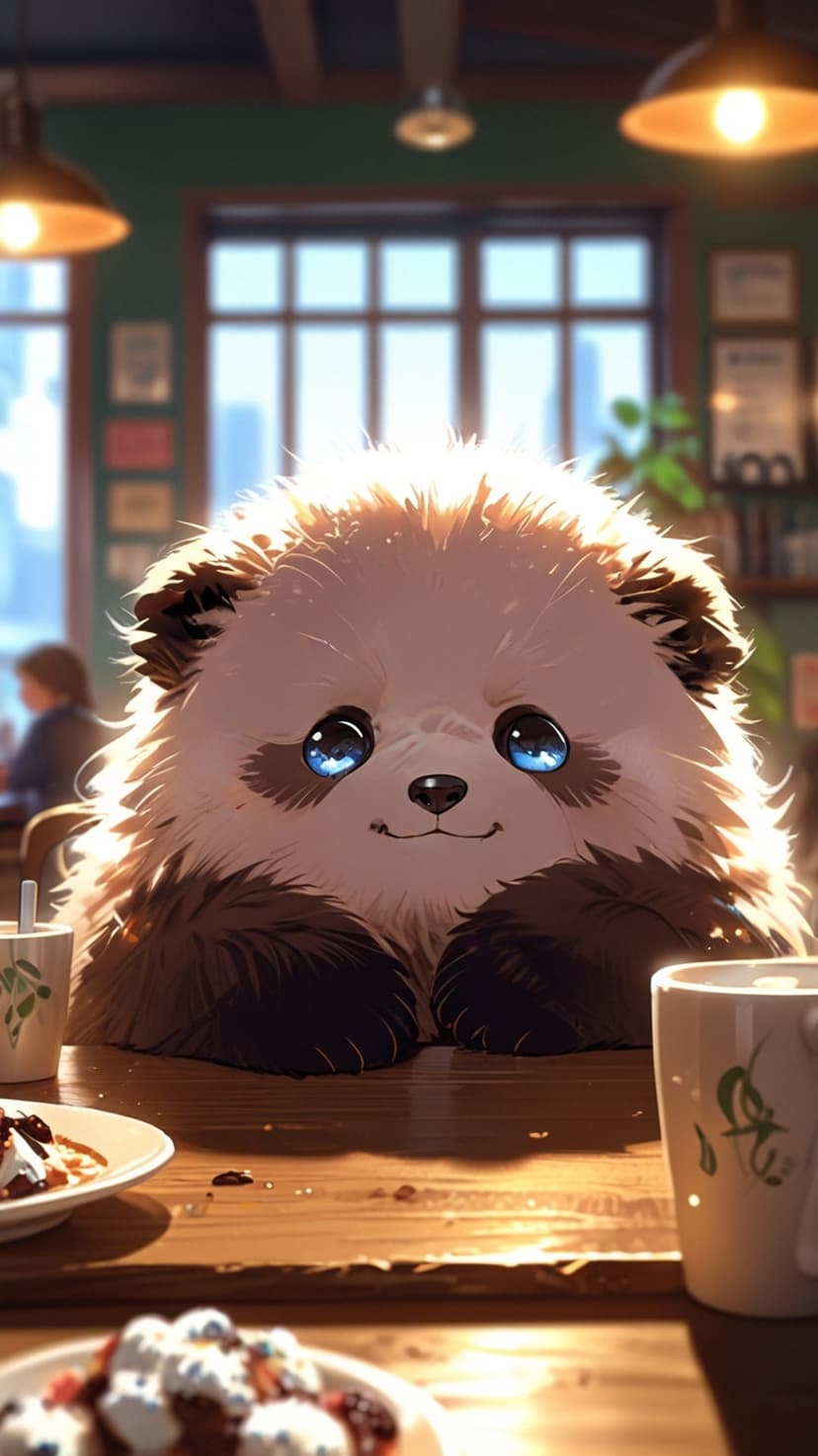 Panda cub with blue eyes sits at a cafe table with pastries and coffee under warm, hanging lamp lighting.