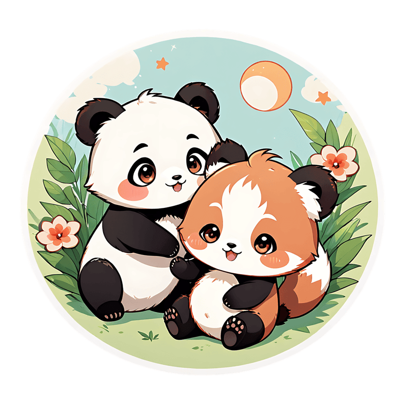 Giant panda red panda sticker illustration shows two animals hugging amidst green leaves and pink flowers.