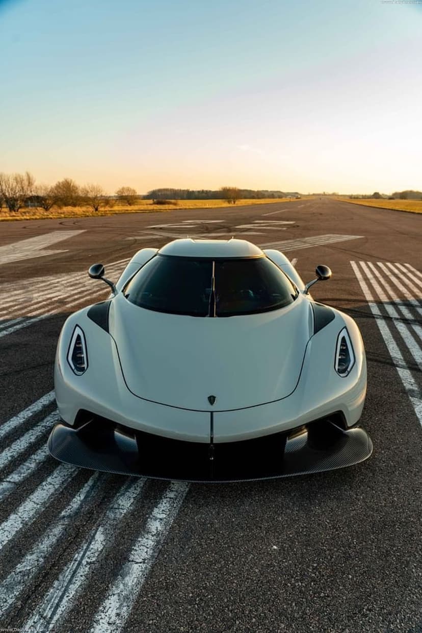 White Koenigsegg Jesko hypercar parked on an asphalt runway at dusk with a tree-lined horizon in the distance.