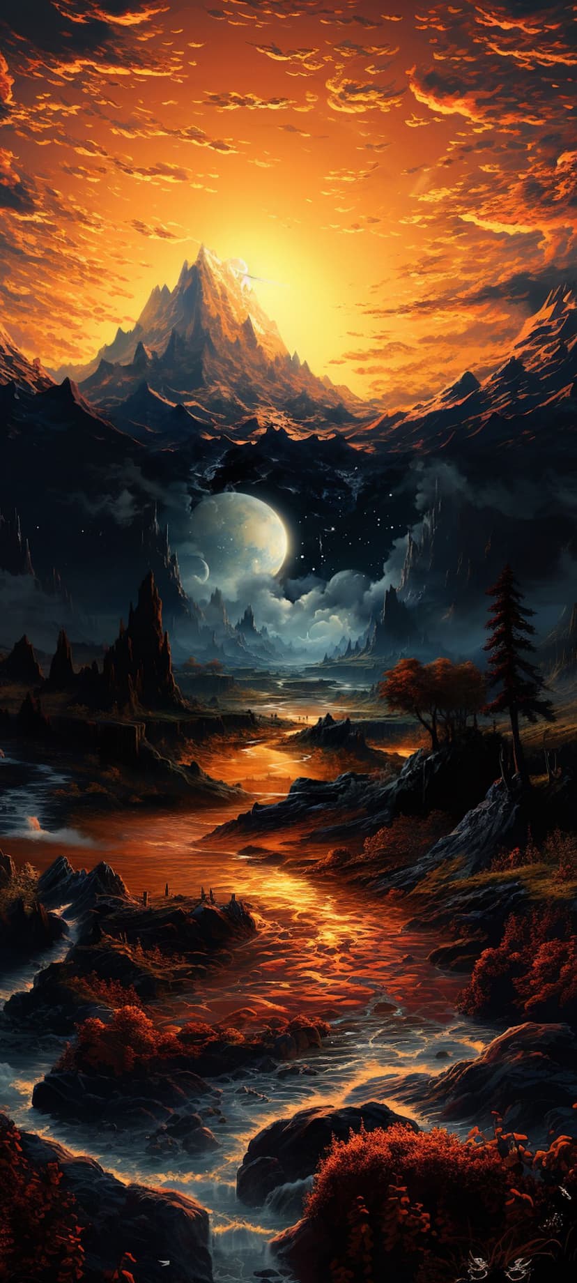 Molten lava river flows through jagged rock formations beneath a large moon and vibrant sunset-drenched peaks.