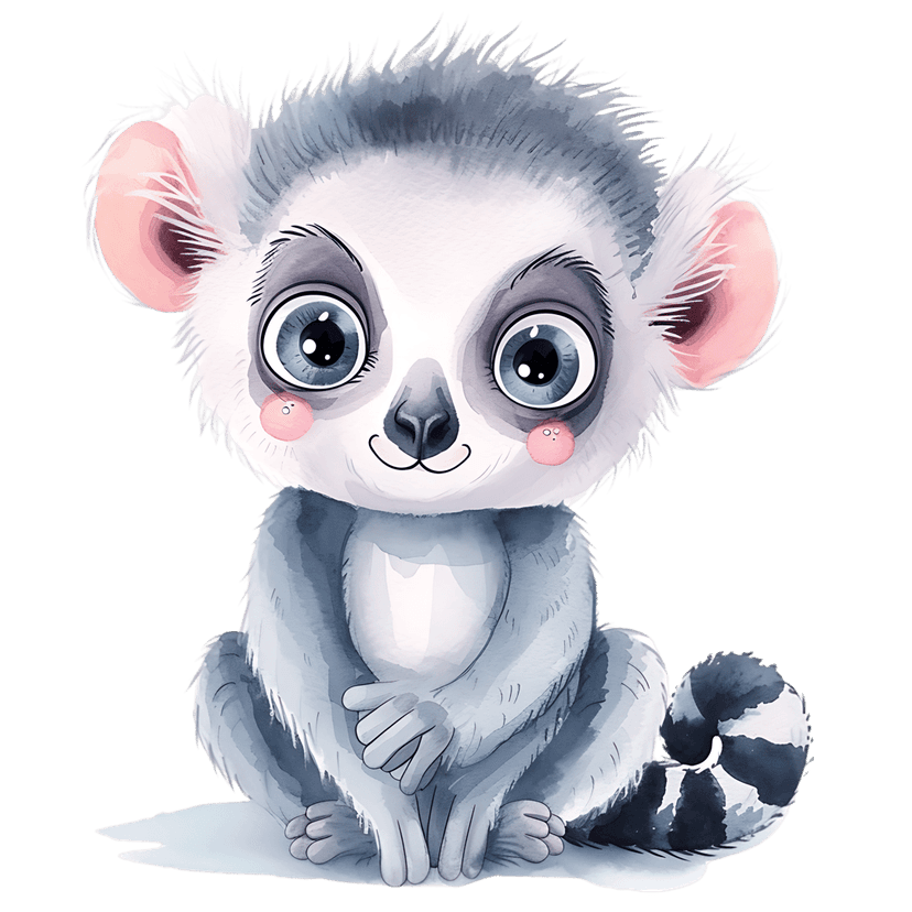 Ring tailed lemur watercolor illustration with soft grey fur and large blue eyes sitting on a dark background.