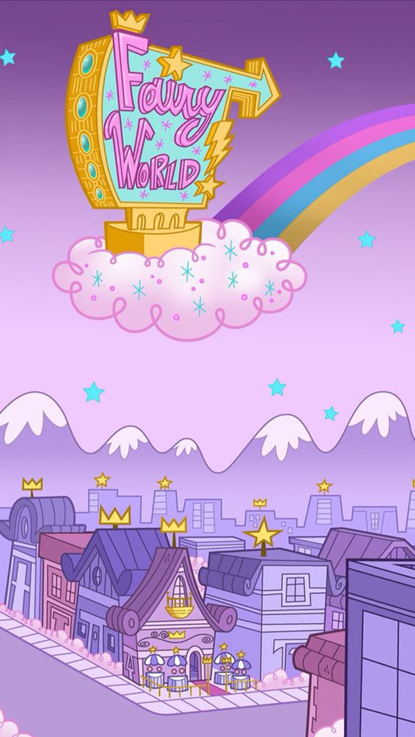Radiant rainbow arches over pink clouds and a pastel city under a starlit purple sky with snowy mountains.