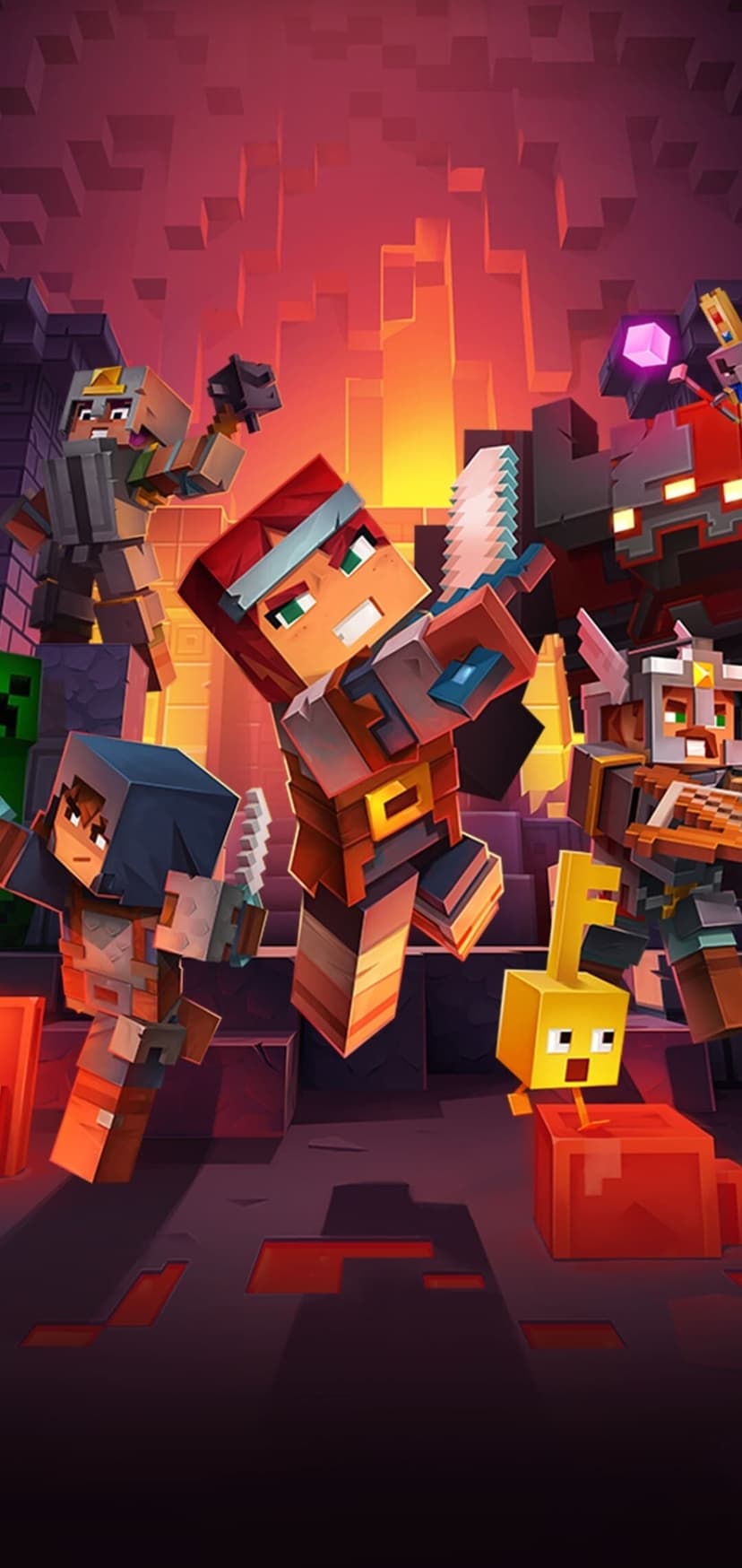 Group of blocky heroes with swords and crossbows leaping through a fiery lava dungeon with a Key Golem.