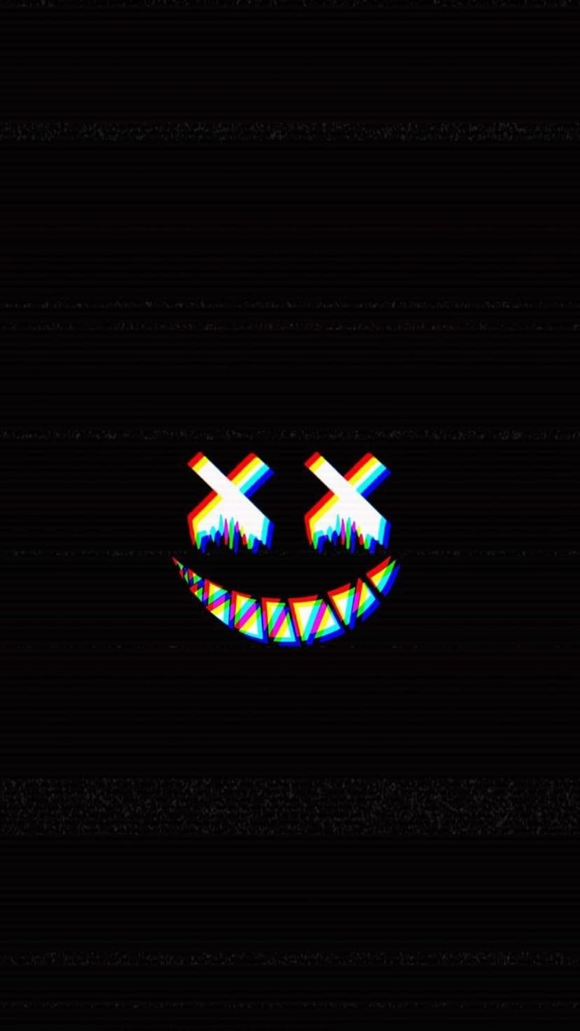 Glitchy yellow smiley face with X eyes and dripping colorful distortion set against a solid black background.