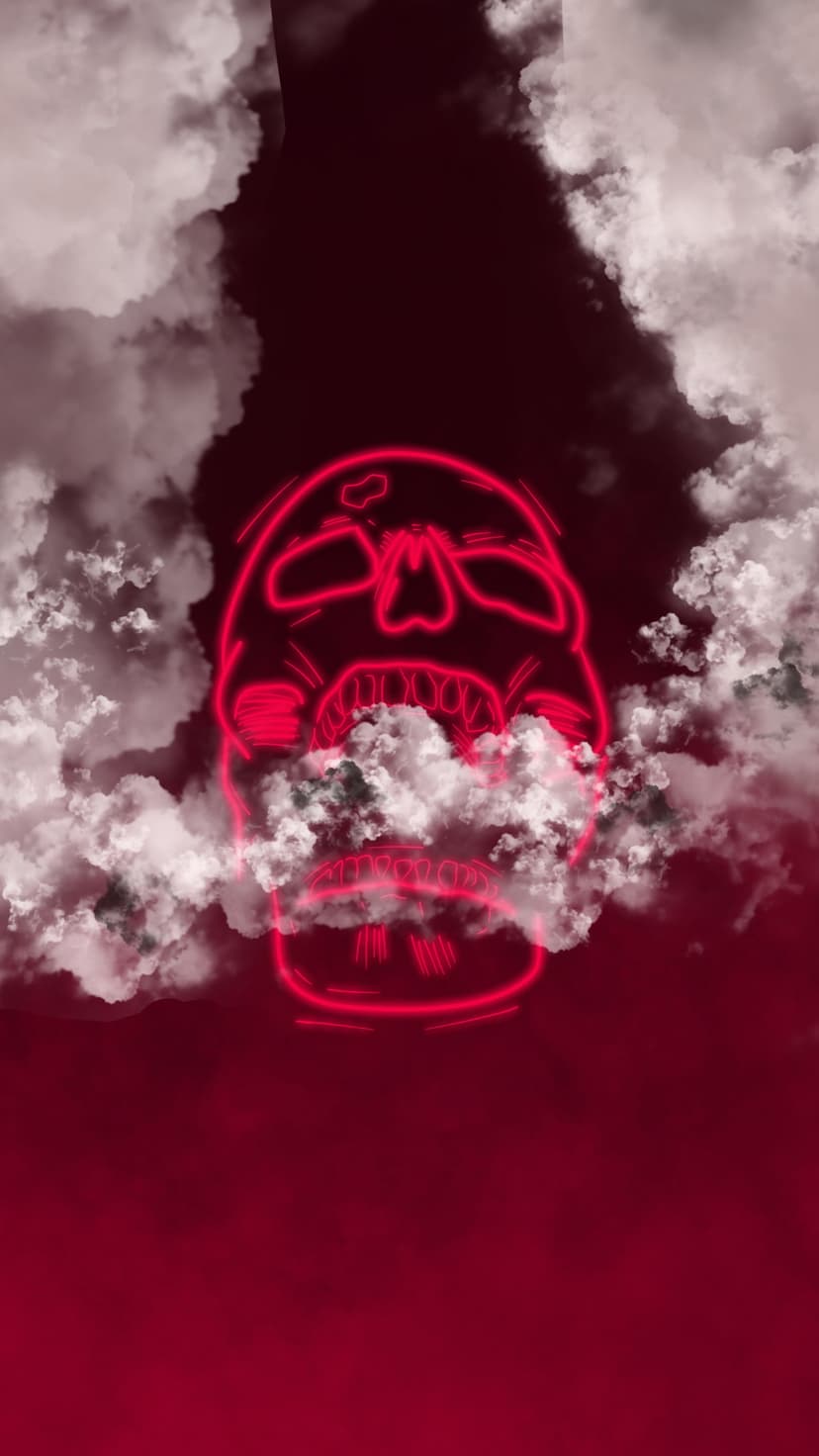 Red neon skull with an open mouth emerges from white clouds against a dark burgundy and black background.