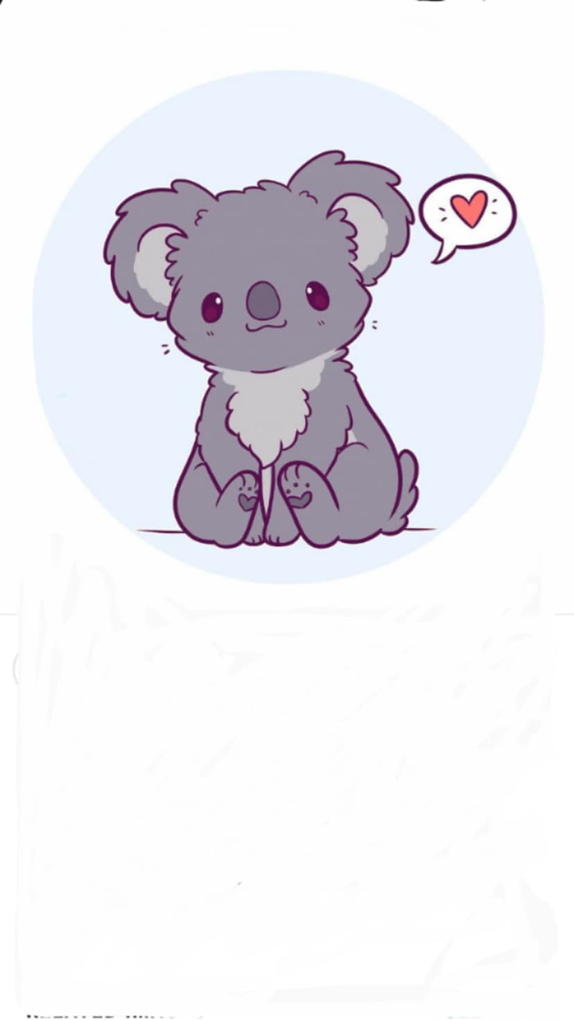 Grey koala with fluffy ears and big eyes sits in a light blue circle next to a pink heart in a speech bubble.