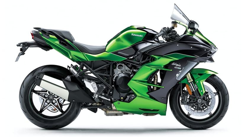 Side profile of a green and black Kawasaki Ninja H2 SX motorcycle on a bright white studio background.