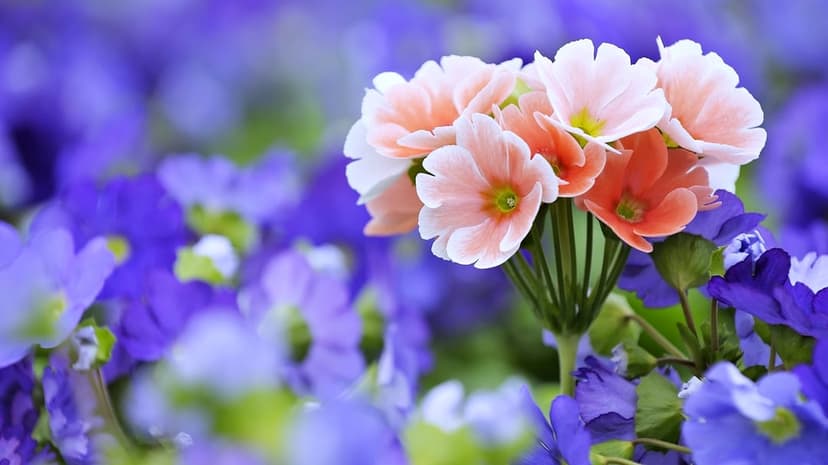 Spring flowers bloom in macro detail featuring sharp petals and green stems under bright natural sunlight.