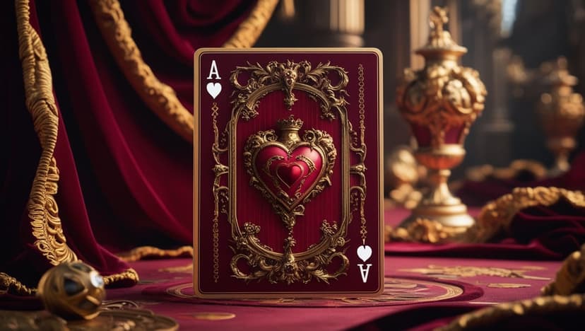 Ace of Hearts card with an ornate gold scrollwork frame resting on a dark red velvet background with soft shadows.