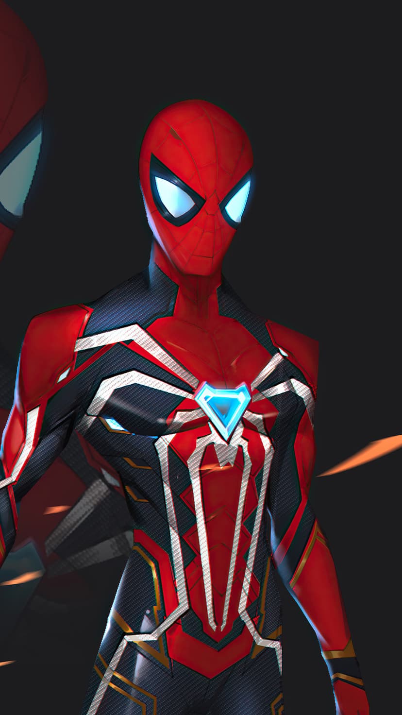 Spider-Man wears a crimson armor suit with gold edges, a luminous blue chest symbol, and glowing white eye lenses.