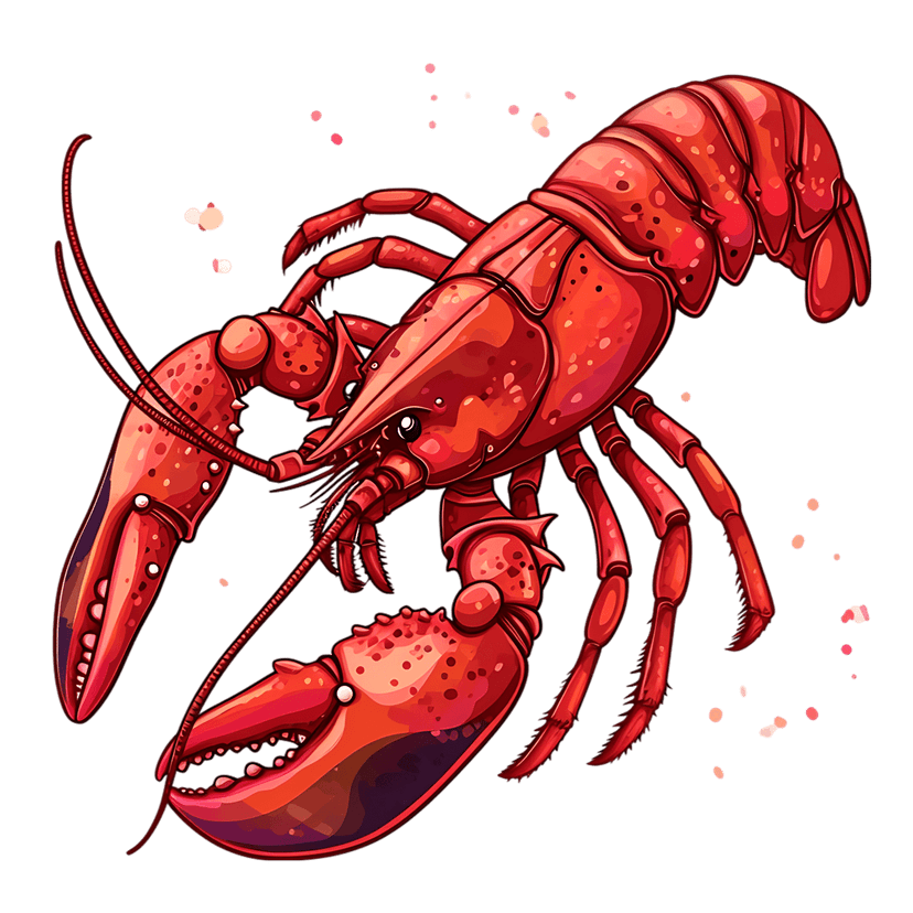Red lobster crustacean with segmented shell and orange highlights surrounded by pastel dots on black background.
