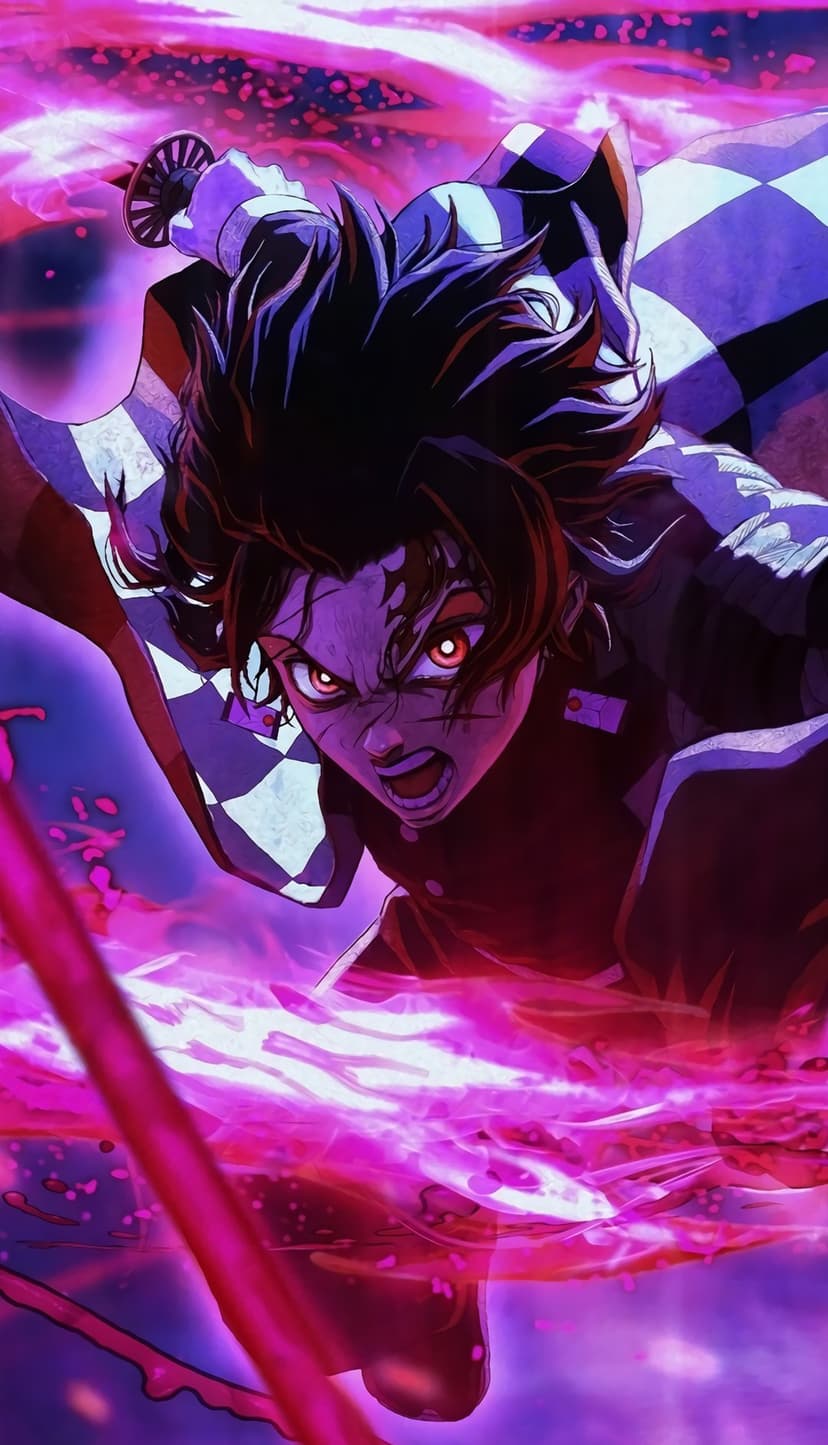 Tanjiro Kamado with glowing red eyes holds a sword while surrounded by vibrant pink and purple energy arcs.