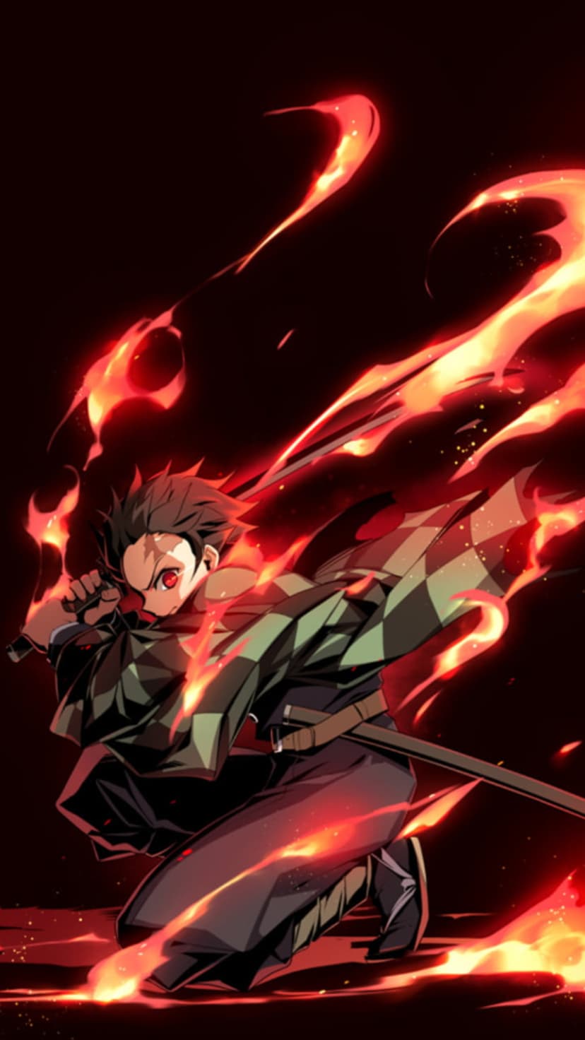 Tanjiro Kamado lunges with a flaming sword, surrounded by swirling orange embers and vibrant red fire sparks.
