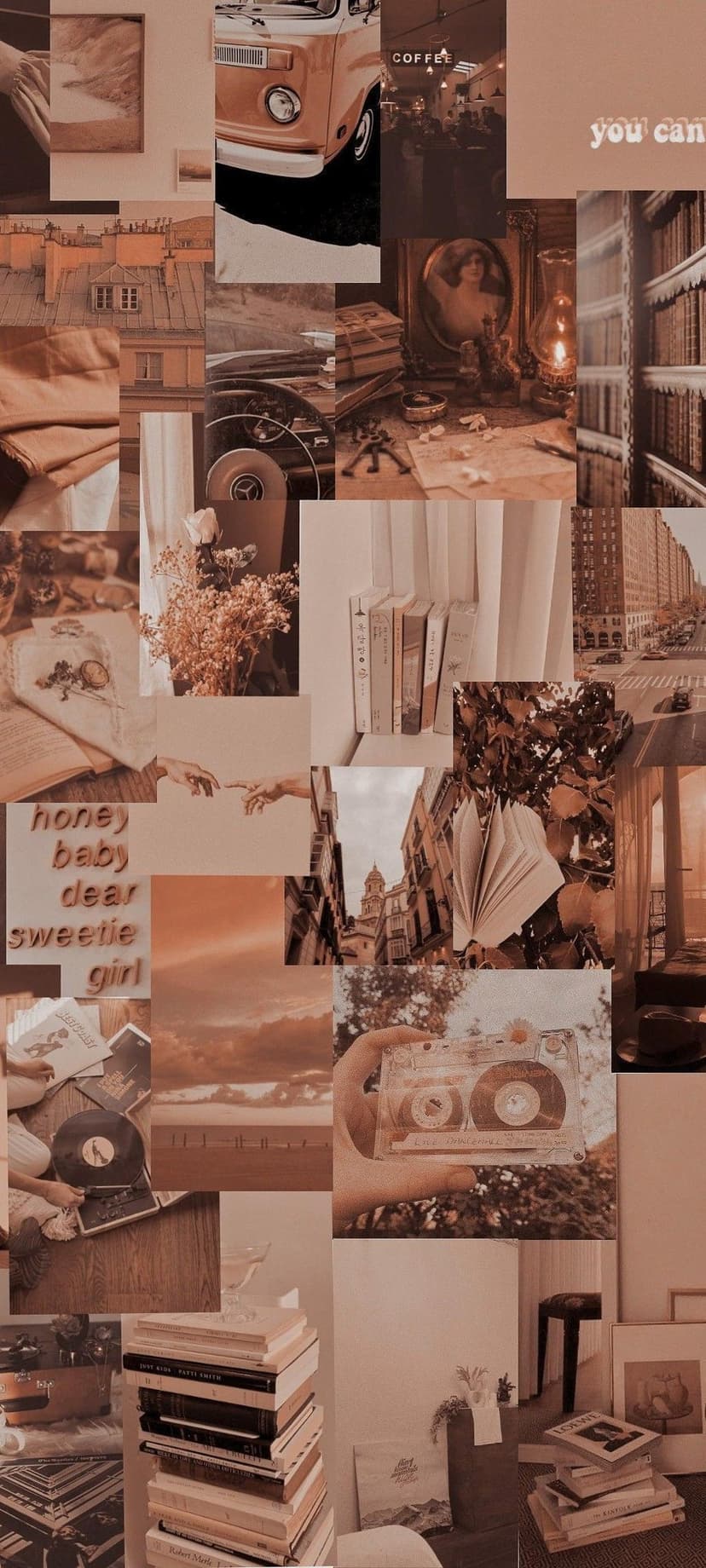 Retro camper van, stacks of old books, and a cassette tape arranged in a warm sepia-toned aesthetic collage.