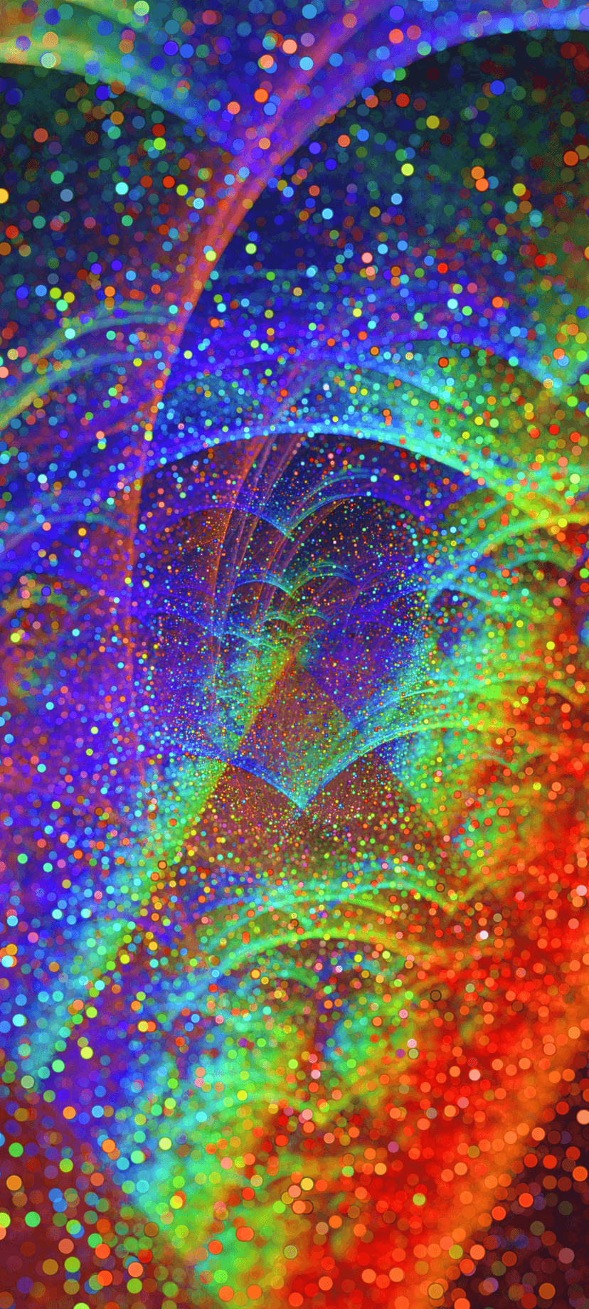 Rainbow-colored bokeh circles and light trails spiral through a dark space in a fluid fractal pattern.