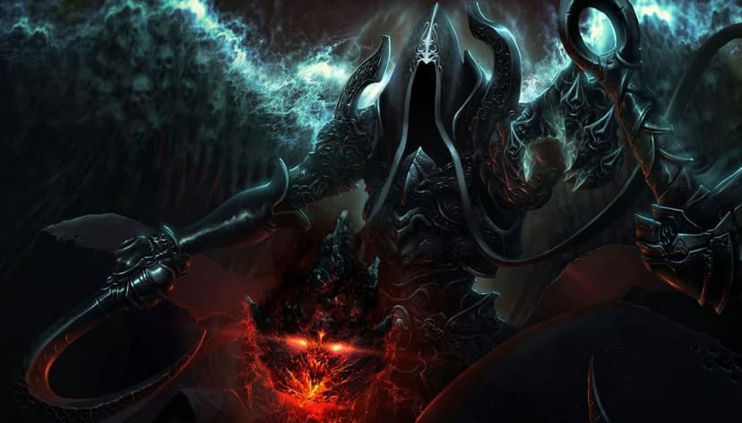 Hooded figure in dark ornate armor holding dual scythes amidst blue soul mist and a fiery demonic skull.