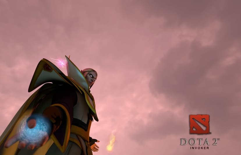 Invoker mage from Dota 2 holding a glowing blue orb against a pink cloudy sky with magical energy sparks.